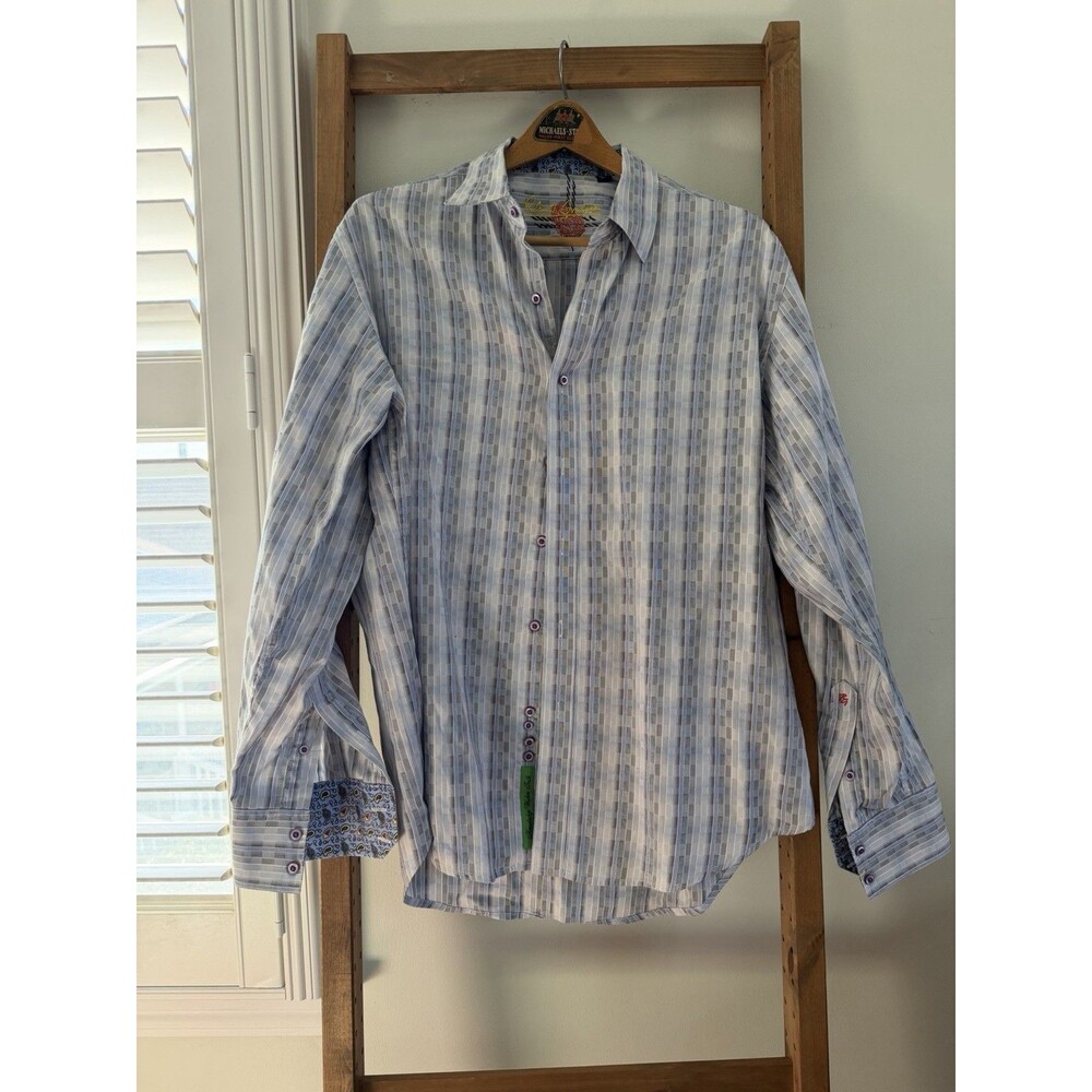 Robert Graham Blue Stripe Eyelet Embroidered Flip Cuff Signature Shirt Men L